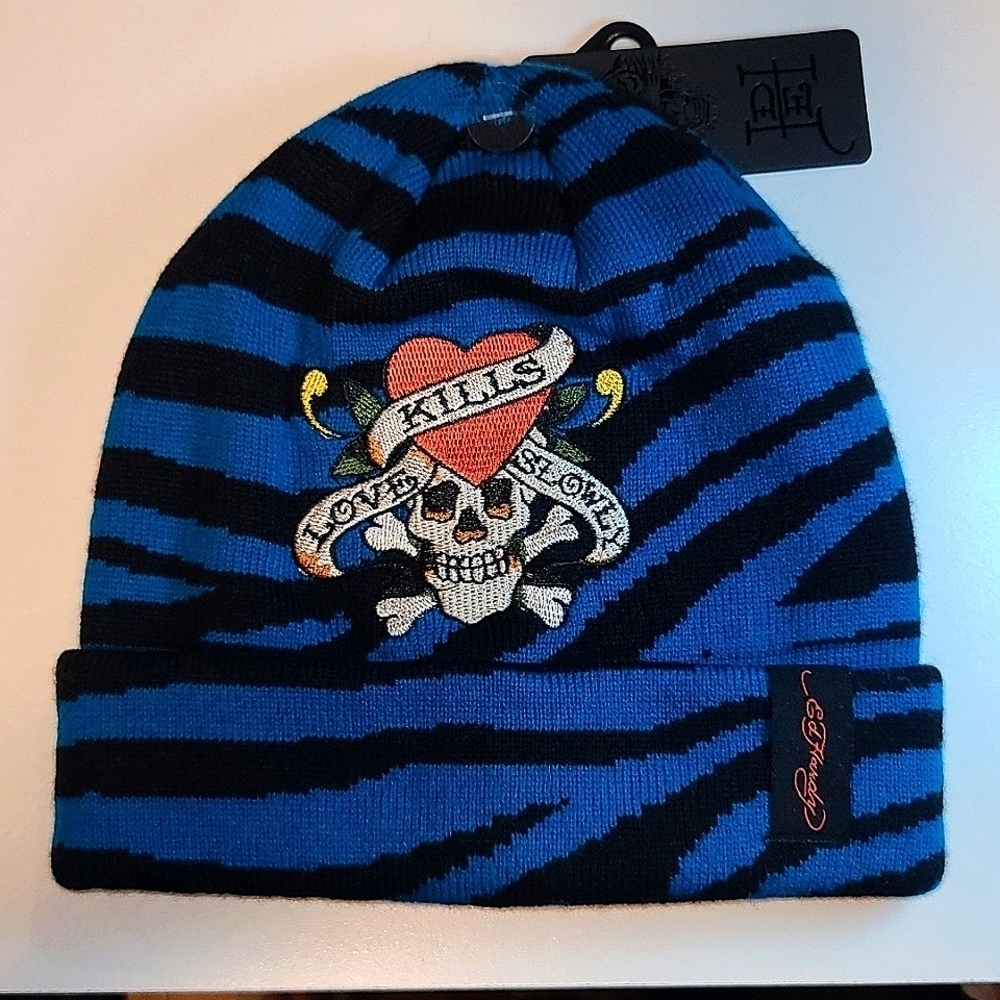NEW Ed Hardy Hat Love Kills Slowly, Blue Black Tiger Print Embroidery